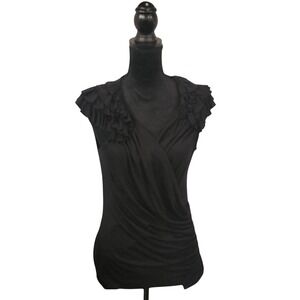 Karen Kane Black Ruffle Shoulder Surplice V-Neck Sleeveless Wrap Top Large